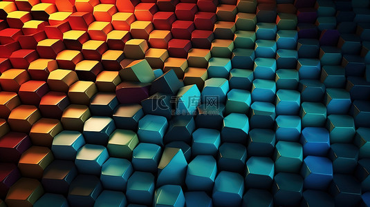 彩色金属背景图片_六角形网格背景的彩色 3D 渲染