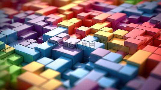 由各种形状和色调的块组成的彩色拼图的 3D 呈现，特写显示