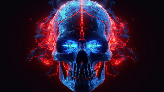 蓝色骨骼背景图片_时尚现代的头骨 3D 插图点亮动态蓝色红色和霓虹灯