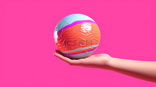 粉红色背景下手抓沙滩球的 3D 渲染