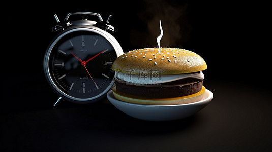 3d 渲染的钟表汉堡杯和咖啡