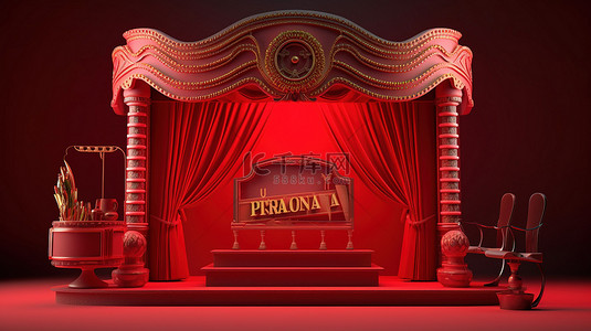 带有讲台和电影院装饰的剧院标志以 3D 形式呈现在红色窗帘上