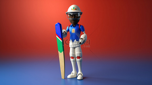 纳米比亚板球队运动员与 3d 蓝色背景中的比赛装备