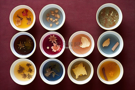 清脆口味背景图片_六碗不同口味的茶