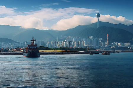 香港城市一座大城市一艘船和山脉