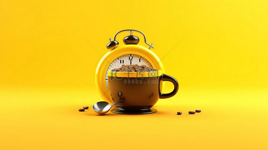 一休双手思考背景图片_黄色背景，3D 渲染闹钟和一杯黑咖啡作为咖啡符号