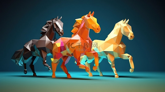 马东锡高清壁纸背景图片_各种钻石生物令人惊叹的低多边形动物系列，其中包括优雅的奔跑马