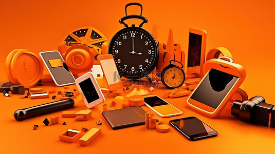 橙色背景，带有智能手机时钟信用卡和 wifi 连接的 3D 图标