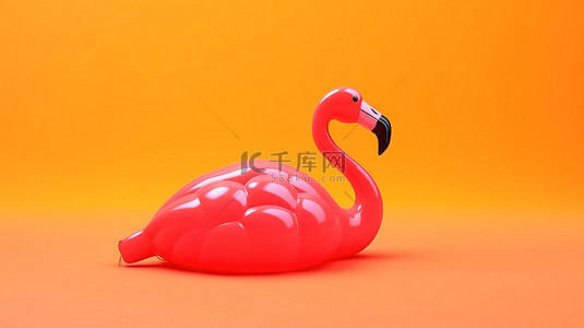 夏日氛围充满活力的火烈鸟充气 3D 渲染设置在醒目的橙色背景下