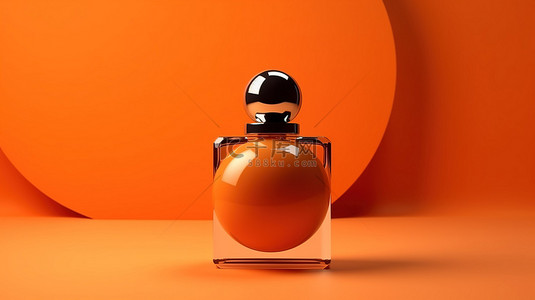 3D 渲染单色香水瓶站在充满活力的橙色背景上
