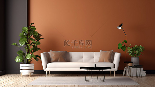 有棕色墙壁和3d渲染的沙发的斯堪的纳维亚客厅