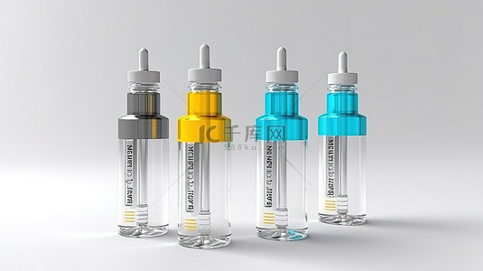 白色背景透明医疗瓶中疫苗的患者疫苗接种或治疗模板的 3D 渲染