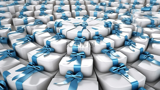 鸟瞰圆形排列的白色礼品盒，装饰着蓝色丝带和数字创建的风景背景