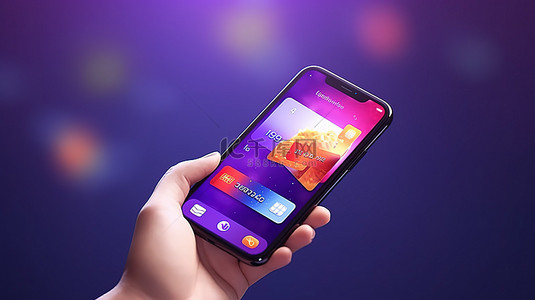 手机动画模板背景图片_数字支付插图动画手持手机和信用卡在 3D 渲染的紫色背景下