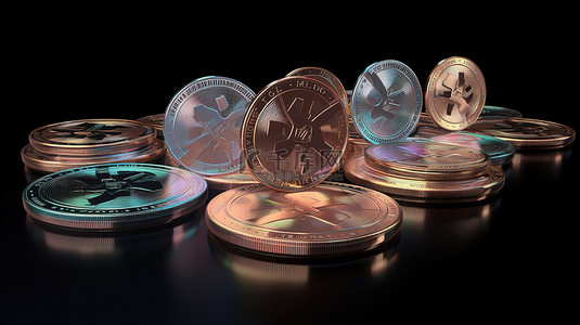 数字货币资产领导者一组以 3D 渲染的加密货币，其中包含瑞波币 XRP 币