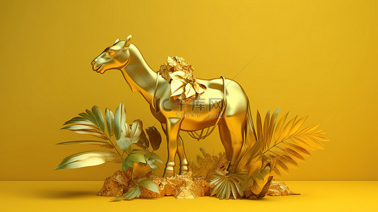 金色的骆驼和山羊雕像，在黄色背景下以 3d 形式呈现异国情调的热带植物