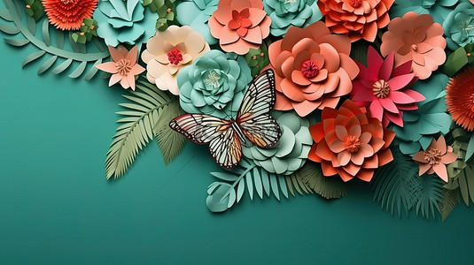 蓝纸背景图片_精致风格 3D 渲染的花卉纸工艺