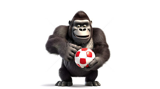 有趣的 3D 大猩猩展示标志并玩足球