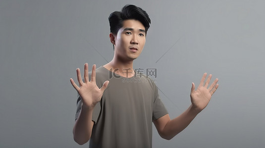 男性角色背景图片_3D 渲染中的亚洲男性角色，手放在一边