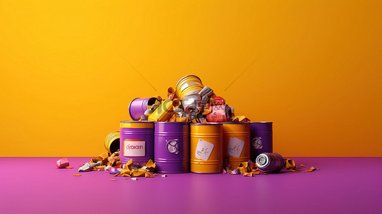 回收概念 3D 渲染在紫色和黄色背景上展示各种垃圾类型
