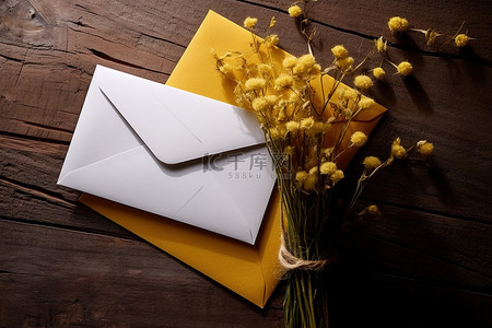 花朵信封背景图片_木桌上放着一个带有黄色花朵的信封