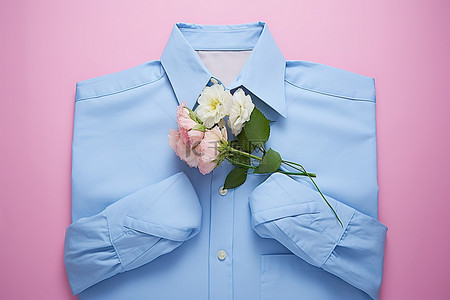 2 件衬衫，衬衫卷起，上面放两朵花