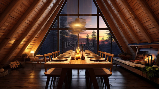 预订界面背景图片_简约的餐厅坐落在美丽的木屋内 3D 插图