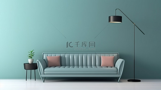 灰色简约墙背景图片_时尚的蓝灰色板条墙和沙发落地灯与 3D 简约客厅相得益彰