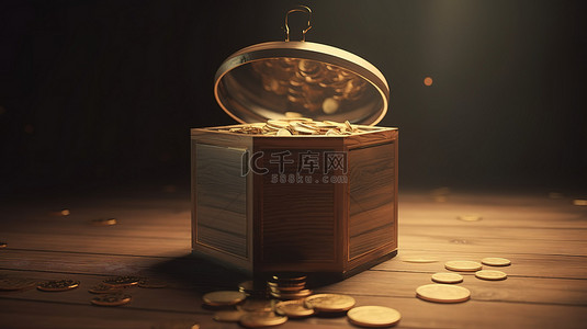 牛储蓄罐背景图片_在 3D 渲染中代表储蓄捐赠和钱罐的盒子中装着大硬币的插图
