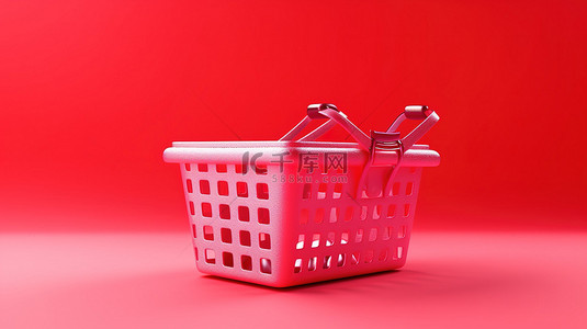 粉红色背景上红色购物篮的杂货电子商务 3D 渲染