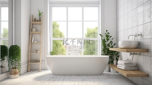 斯堪的纳维亚风格浴室的时尚 3D 渲染，配有白色瓷砖和自然光