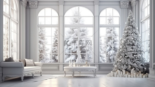 现代室内设计装饰着 3D 渲染的圣诞树客厅，可欣赏窗户景观