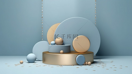 系列背景图片_优雅的 3D 产品在豪华的金色讲台上展示柔和的蓝色周年纪念系列，配有五彩纸屑和庆祝装饰