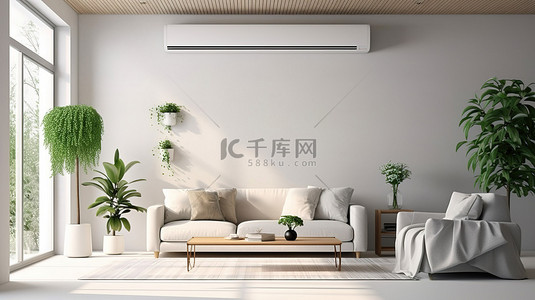 空调背景背景图片_宽敞时尚的客厅配有空调，3D 渲染的现代豪华模型