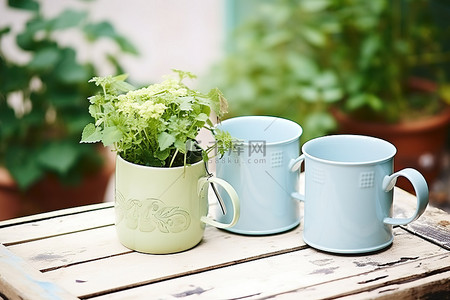 水盆背景图片_几个杯子放在水盆旁边，桌子上有绿色植物