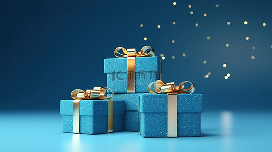 蓝色背景的礼品背景图片_蓝色背景的 3D 渲染，在礼品盒旁边有足够的文本空间