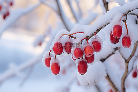 忠南背景图片_灌木丛中积雪覆盖的红色水果