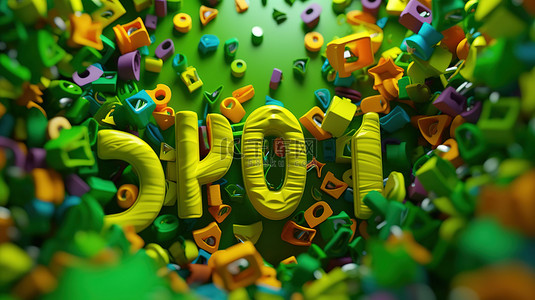 绿色背景上彩色塑料字母的 3D 插图，庆祝孩子们回到学季