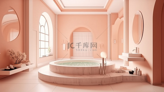 令人惊叹的装饰艺术浴室配有按摩浴缸，配有华丽的浅桃墙 3D 渲染