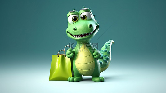 手拿购物袋的滑稽 3D 绿色恐龙
