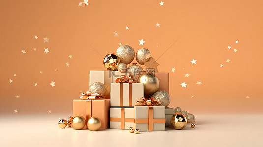 节日 3D 渲染圣诞节欢呼与圣诞小玩意星星和礼物