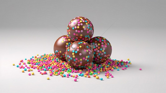 诱人的糖果对待涂层巧克力球与充满活力的洒在孤立的背景3D 插图