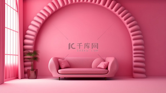 当代孟菲斯风格的室内空间，设有粉红色的墙壁和带有粉红色窗帘的拱门 3D 渲染