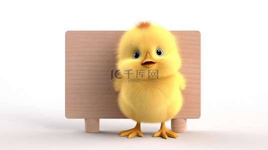 可爱的小鸡在 3D 渲染中举着空白牌子