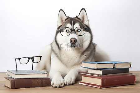 眼镜书背景图片_书附近地上戴着眼镜的哈士奇狗