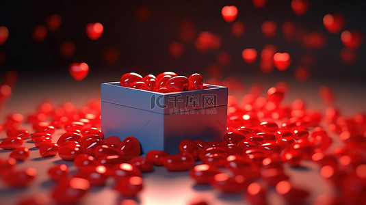 情人节灵感 3D 渲染的盒子里装满了红心