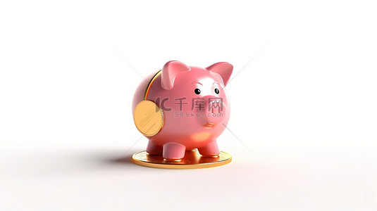白色背景上粉色存钱罐和金色忠诚计划奖金硬币的 3D 渲染