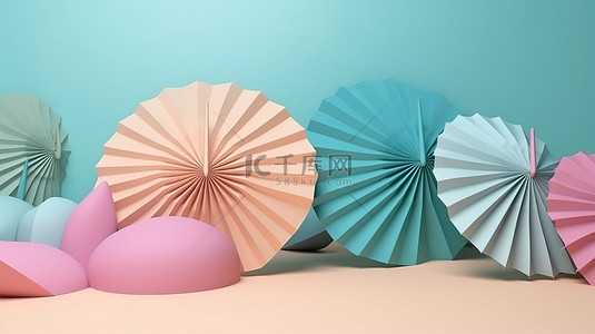 夏季产品展示背景图片_3d 渲染夏季产品展示背景中的粉彩纸工艺伞和海浪