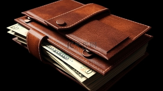 棕色的钱包背景图片_充满金钱的棕色钱包，以 3D 渲染插图描绘金融交易
