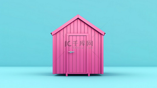 一个小巧的粉色小屋，一个用于存放园艺工具的功能性储物棚，在 3D 渲染的蓝色背景下呈现双色调美学